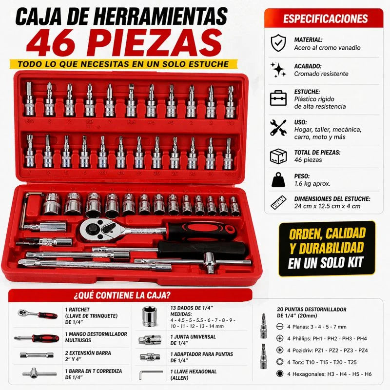 aja de Herramientas 46 Piezas — Kit Completo para Casa y Carro