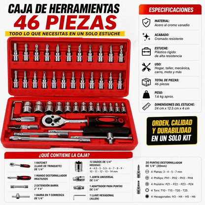 aja de Herramientas 46 Piezas — Kit Completo para Casa y Carro